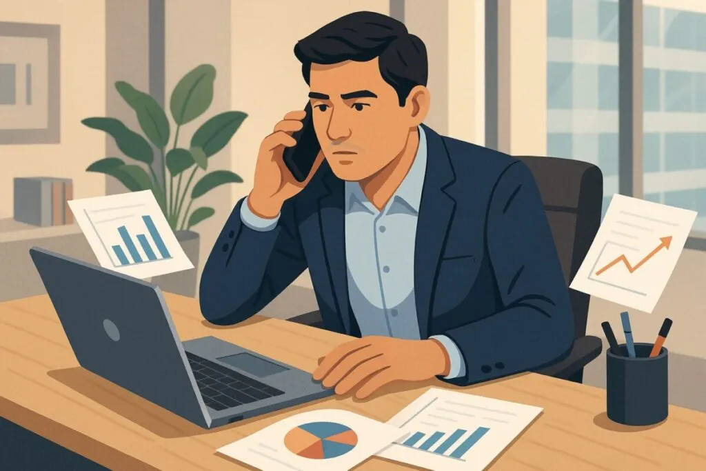 Ilustración editorial de un emprendedor todólogo en México enfrentando retos de delegación y crecimiento empresarial