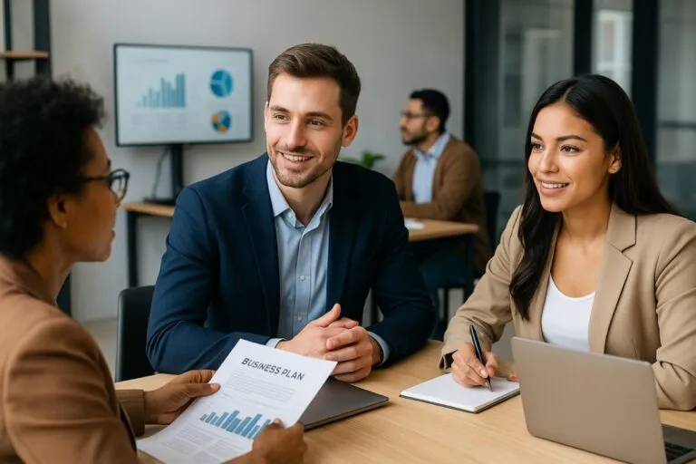 Emprendedores mexicanos analizando una oportunidad de emprendimiento en un entorno digital moderno