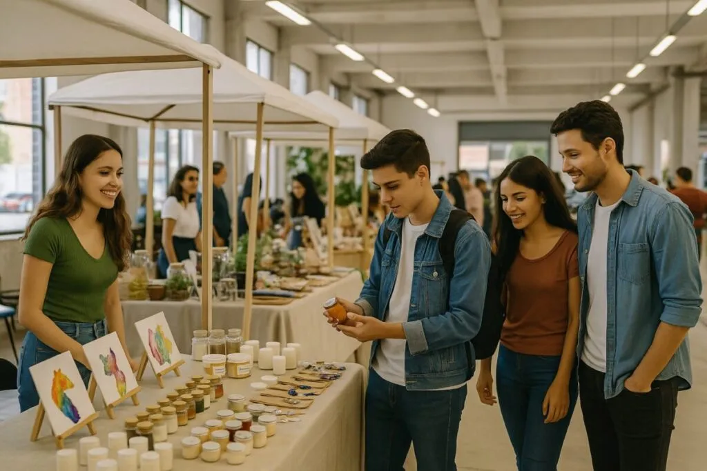 Emprendedores locales mostrando productos en el Mercado Joven de Saltillo durante la Semana de la Juventud en México