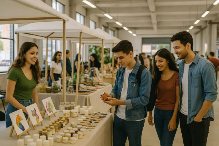 Emprendedores locales mostrando productos en el Mercado Joven de Saltillo durante la Semana de la Juventud en México