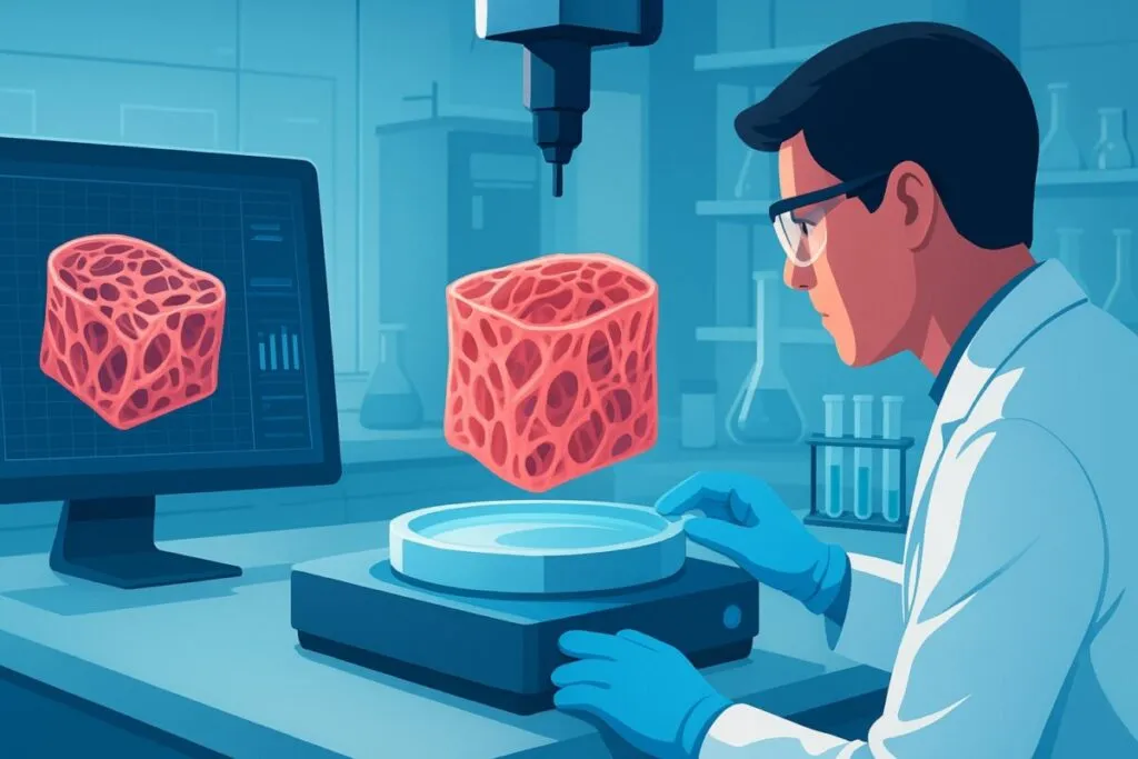 Representación científica de un modelo de tejido 3D innovador que busca mejorar el tratamiento de la fibrosis en investigación biomédica