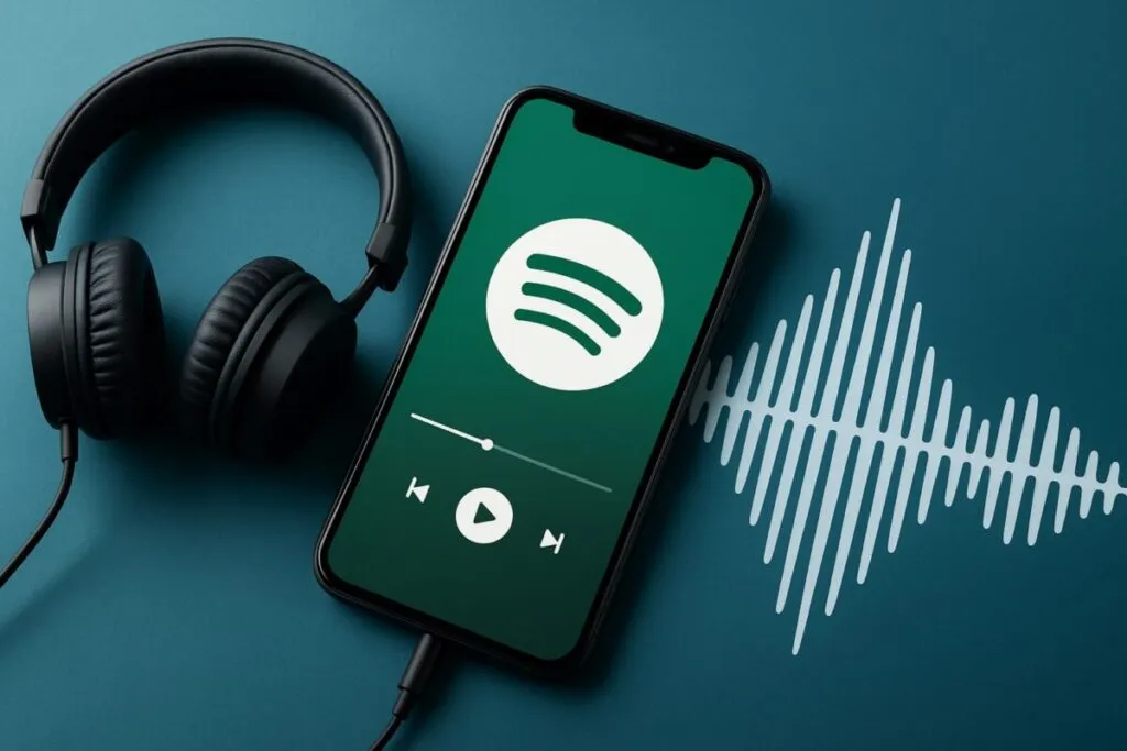 Ilustración editorial de podcasts Spotify Argentina mostrando ranking y consumo digital en streaming