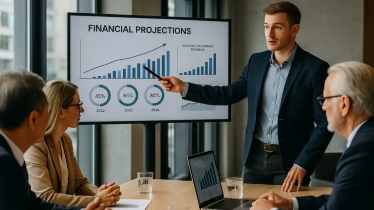 Emprendedor presenta cifras a inversionistas en Estados Unidos, ilustrando riesgos de valuaciones infladas para startup founders.