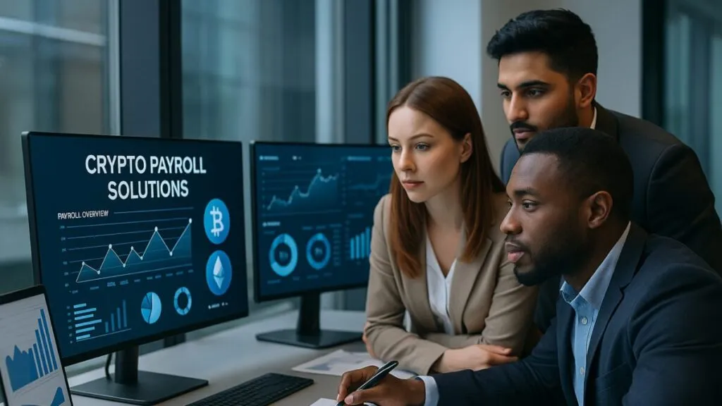 Jóvenes profesionales analizan nómina digital con soluciones de payroll basadas en criptomonedas en oficina tecnológica.