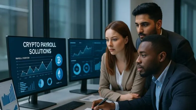 Jóvenes profesionales analizan nómina digital con soluciones de payroll basadas en criptomonedas en oficina tecnológica.
