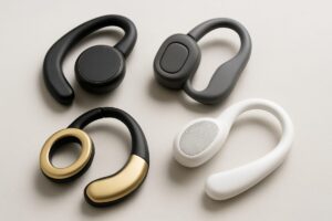 Auriculares open-ear modernos sobre una mesa, muestran diseño abierto y tecnología de inteligencia artificial