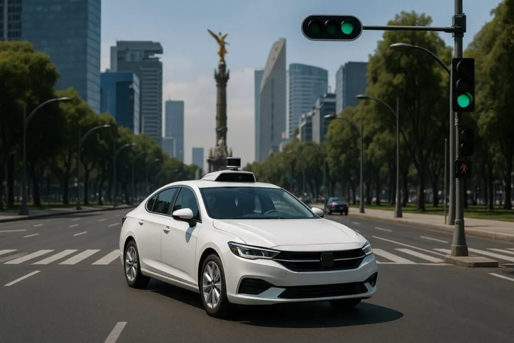 Vehículos autónomos circulando por avenidas de la CDMX con semáforos inteligentes y peatones seguros