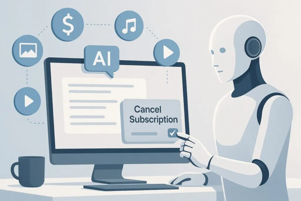 Ilustración de agentes de IA automatizando tareas digitales como cancelar suscripciones y gestionar cuentas online.