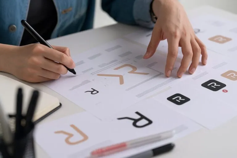 Persona diseñando la identidad visual de su marca personal con papeles y bocetos sobre una mesa