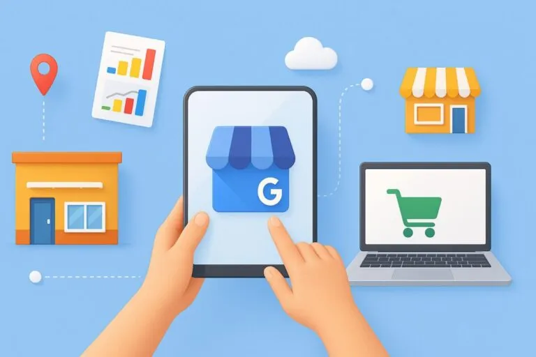 Ilustración de un negocio digitalizando su presencia online con el perfil de empresa de Google