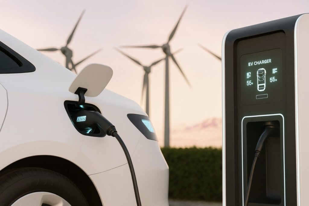 Ilustración editorial de infraestructura tecnológica y autos eléctricos en México impulsados por inversión en I+D