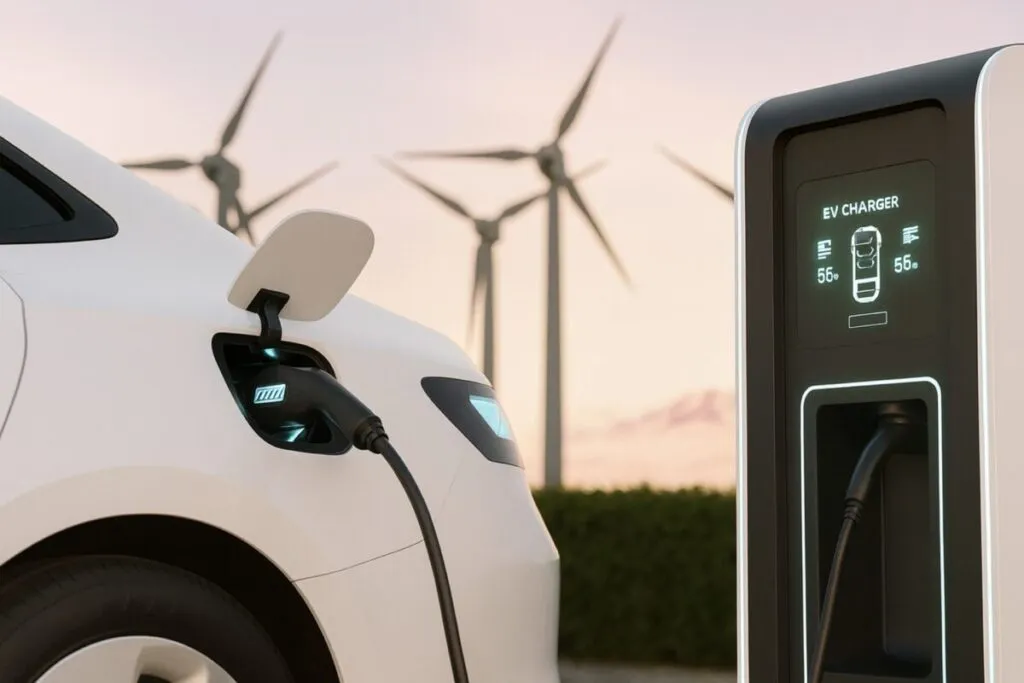 Ilustración editorial de infraestructura tecnológica y autos eléctricos en México impulsados por inversión en I+D