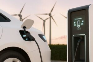 Ilustración editorial de infraestructura tecnológica y autos eléctricos en México impulsados por inversión en I+D