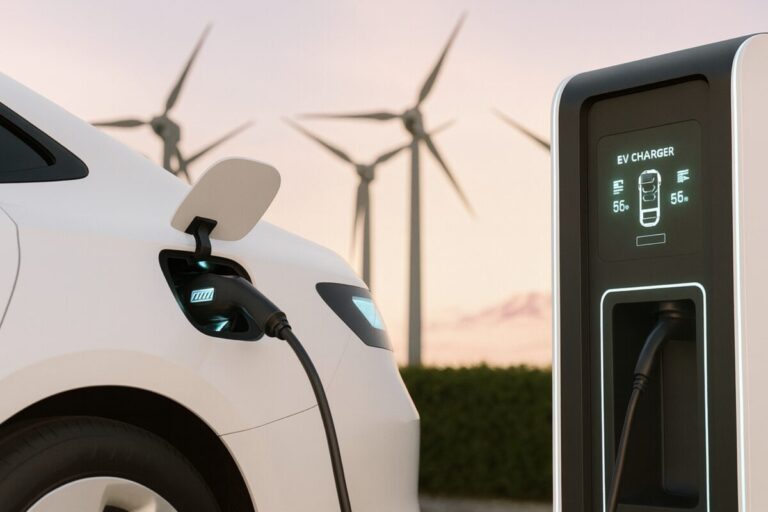 Ilustración editorial de infraestructura tecnológica y autos eléctricos en México impulsados por inversión en I+D