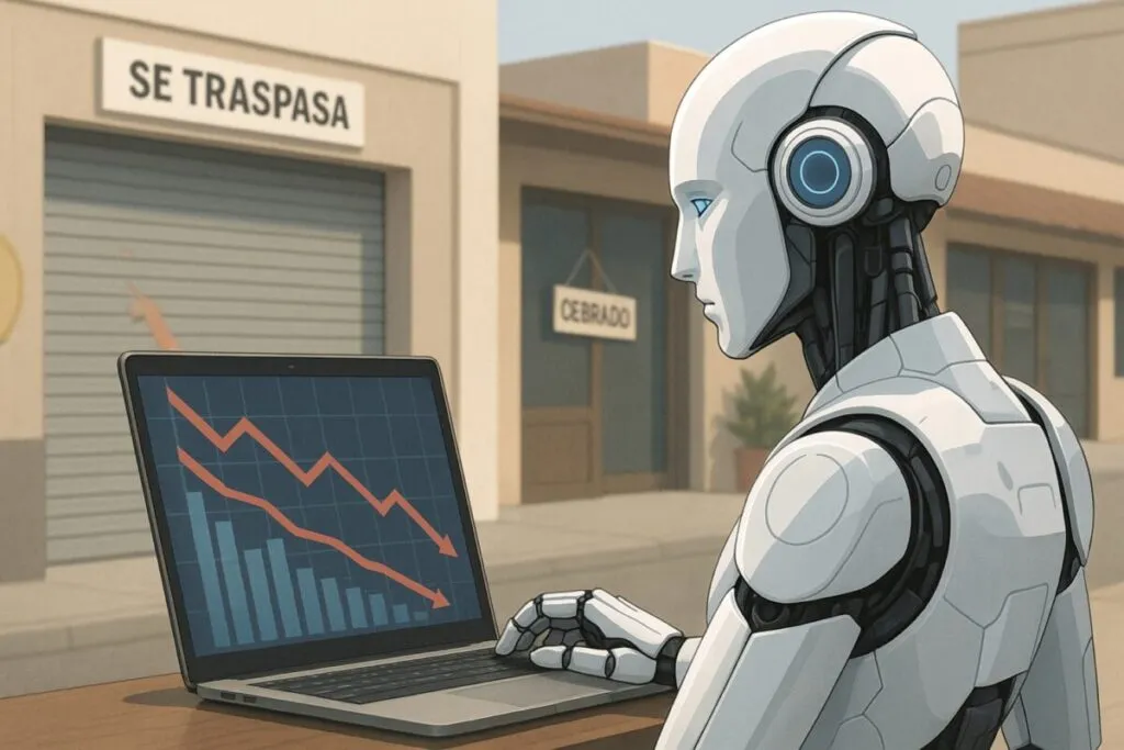 Ilustración de inteligencia artificial evaluando negocios no rentables en México con gráficas de caída