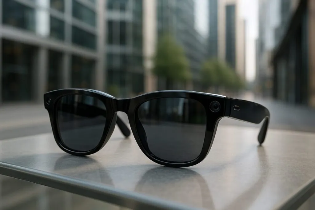 Primer plano de gafas Meta AI estilo Ray-Ban con tecnología de inteligencia artificial generativa en fondo urbano moderno