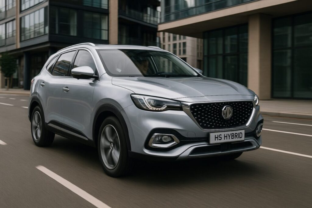 SUV MG HS Hybrid circulando por ciudad española, destacando su diseño y tecnología híbrida avanzada