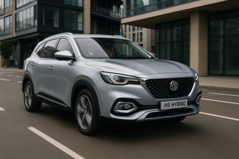 SUV MG HS Hybrid circulando por ciudad española, destacando su diseño y tecnología híbrida avanzada