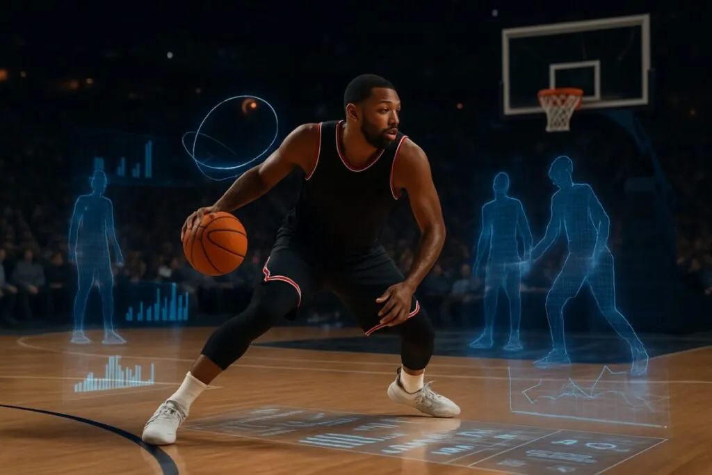 Imagen de un jugador de la NBA con visualizaciones de datos en tiempo real impulsadas por inteligencia artificial
