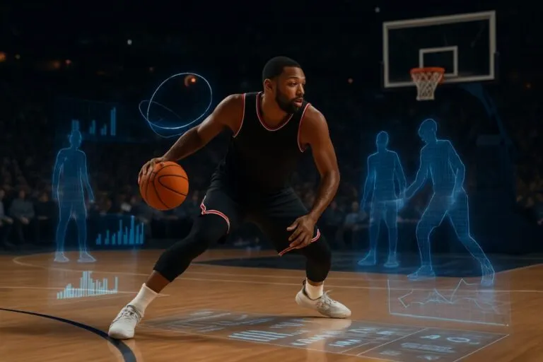 Imagen de un jugador de la NBA con visualizaciones de datos en tiempo real impulsadas por inteligencia artificial