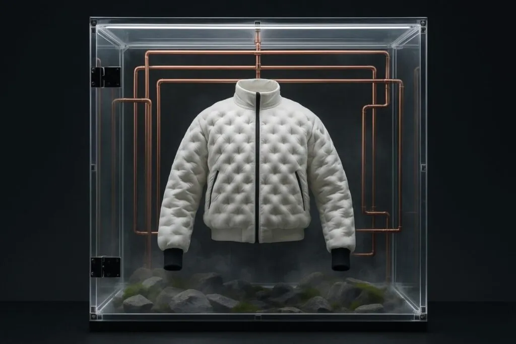 Chaqueta Therma-FIT Air Milano suspendida en caja de exhibición con fondo oscuro y tubos de cobre, resaltando su diseño térmico futurista