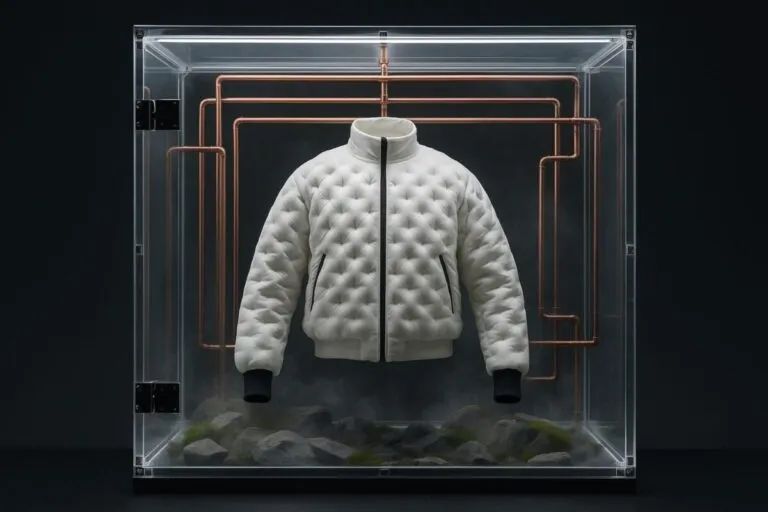 Chaqueta Therma-FIT Air Milano suspendida en caja de exhibición con fondo oscuro y tubos de cobre, resaltando su diseño térmico futurista