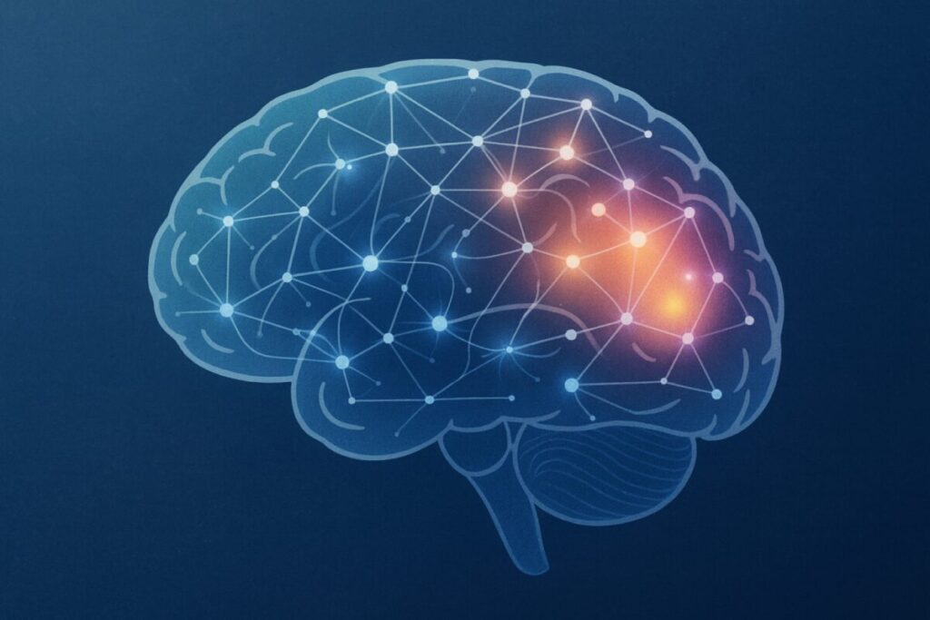 Representación ilustrada del cerebro con estímulos eléctricos y conexiones neuronales, destacando innovación y tratamiento de epilepsia innovadora
