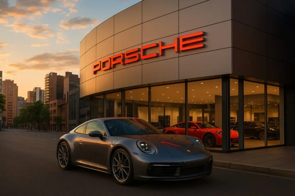 Fachada de concesionario Porsche en Latinoamérica con autos deportivos y enfoque en sostenibilidad e innovación