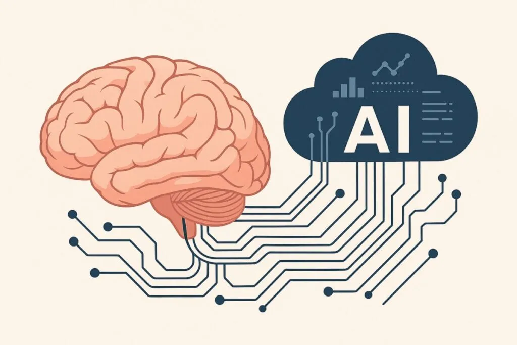 Representación visual de una interfaz IA cerebral conectando mente y tecnología