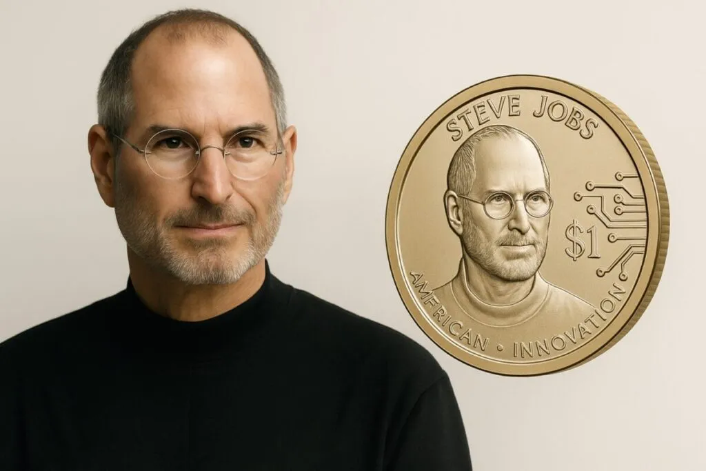 Retrato editorial de Steve Jobs y diseño de la nueva moneda de 1 dólar conmemorativa