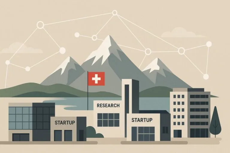 Vista conceptual del ecosistema de innovación tecnológica en Suiza con startups, ciencia e infraestructura