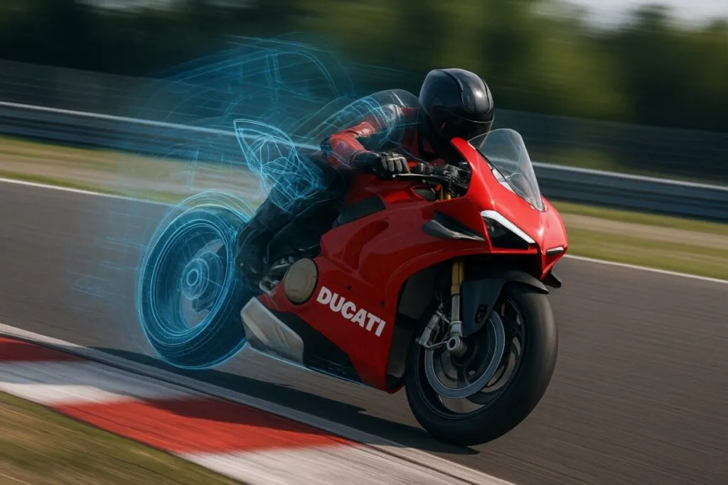 Moto Ducati en pista optimizada con tecnología Siemens en simulación digital