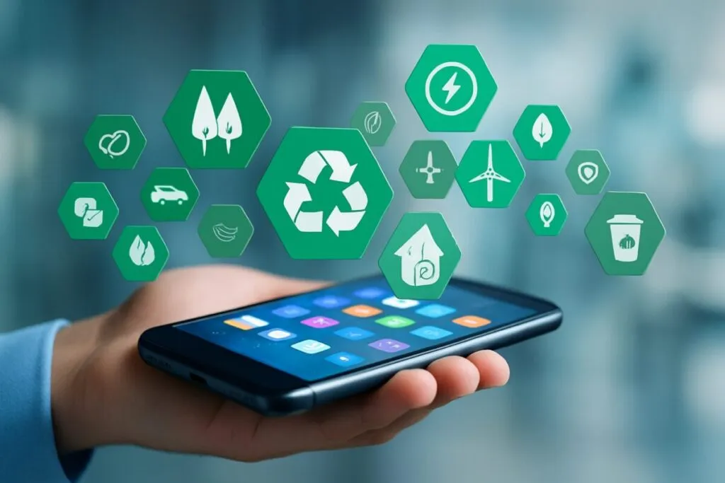 Persona sostiene un smartphone con íconos verdes digitales que representan pymes ecológicas y sustentabilidad