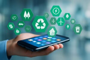 Persona sostiene un smartphone con íconos verdes digitales que representan pymes ecológicas y sustentabilidad