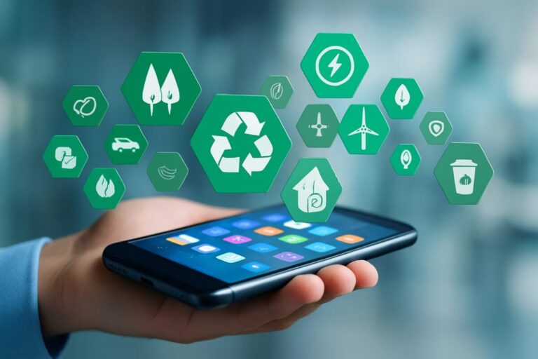 Persona sostiene un smartphone con íconos verdes digitales que representan pymes ecológicas y sustentabilidad