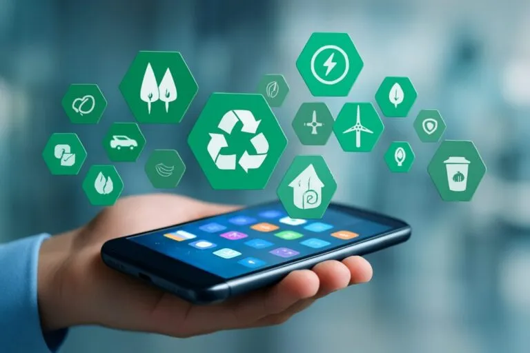 Persona sostiene un smartphone con íconos verdes digitales que representan pymes ecológicas y sustentabilidad
