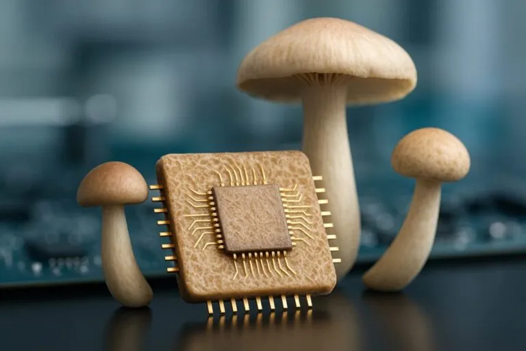 Ilustración editorial de chips biodegradables fabricados con micelio de hongos en entorno tecnológico