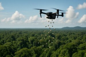 Dron volando sobre la selva peruana liberando cápsulas de semillas inteligentes para la reforestación con drones