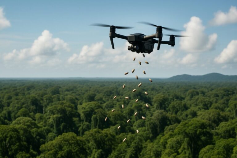Dron volando sobre la selva peruana liberando cápsulas de semillas inteligentes para la reforestación con drones