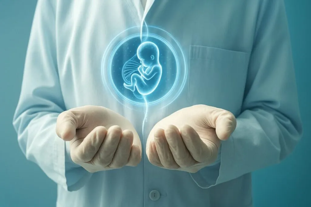 Representación editorial de laboratorio con herramientas de edición genética aplicadas en embriones humanos