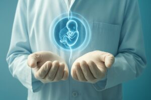 Representación editorial de laboratorio con herramientas de edición genética aplicadas en embriones humanos