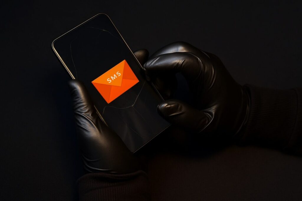 Persona con guantes negros sostiene celular con ícono de SMS, representa extorsión a emprendedores