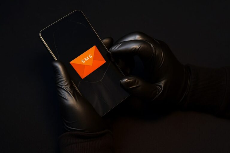 Persona con guantes negros sostiene celular con ícono de SMS, representa extorsión a emprendedores