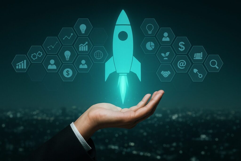 Mano sosteniendo un cohete digital como símbolo de crecimiento de startups en España