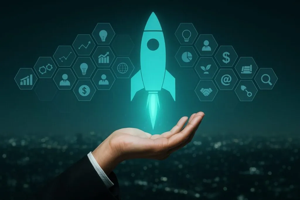 Mano sosteniendo un cohete digital como símbolo de crecimiento de startups en España