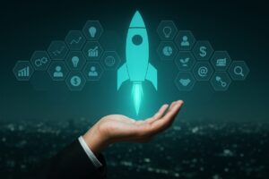 Mano sosteniendo un cohete digital como símbolo de crecimiento de startups en España