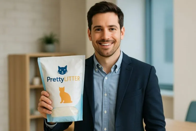 Daniel Rotman fundador de PrettyLitter sostiene una bolsa de arena sanitaria innovadora que cambió el cuidado de mascotas.