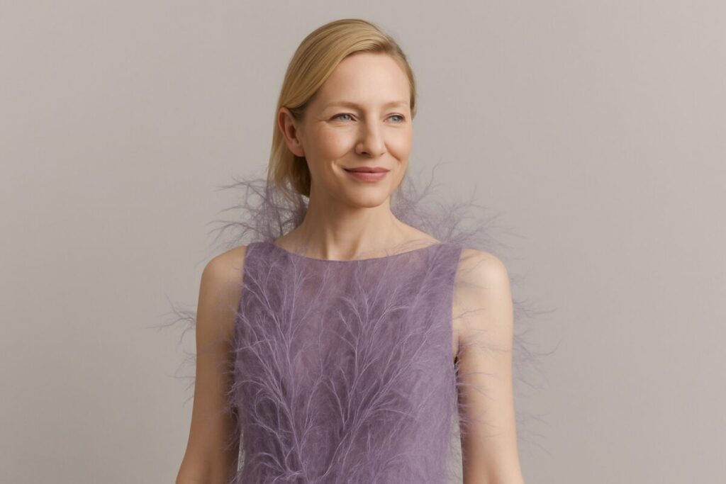 Cate Blanchett con vestido de plumas falsas veganas de Stella McCartney, estilo editorial, fondo neutro
