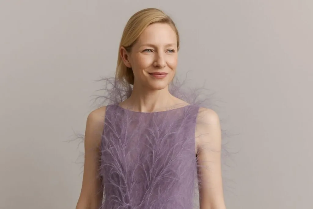 Cate Blanchett con vestido de plumas falsas veganas de Stella McCartney, estilo editorial, fondo neutro