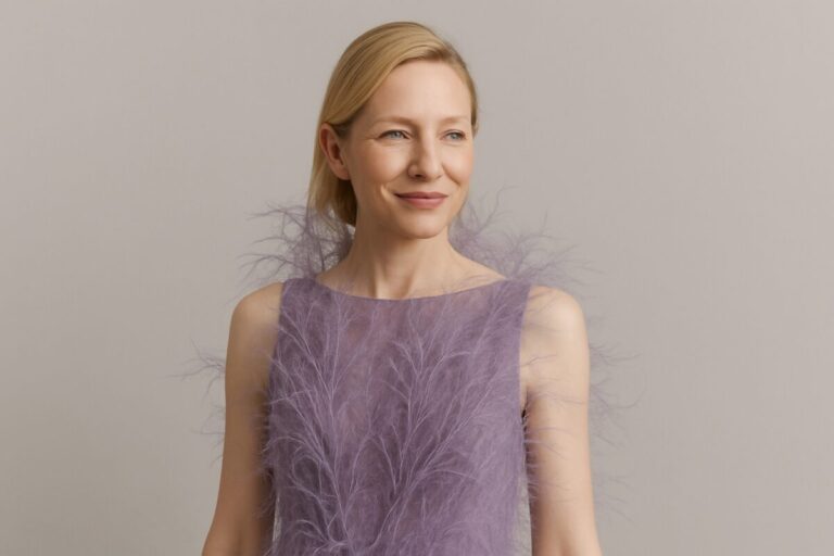 Cate Blanchett con vestido de plumas falsas veganas de Stella McCartney, estilo editorial, fondo neutro